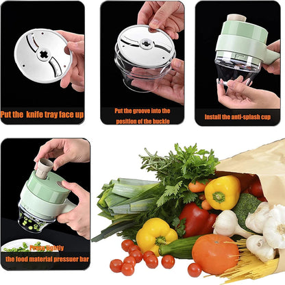 4-in-1 Portable Electric Vegetable Cutter Set – Wireless Food Chopper, Slicer, Peeler & Grinder for Kitchen