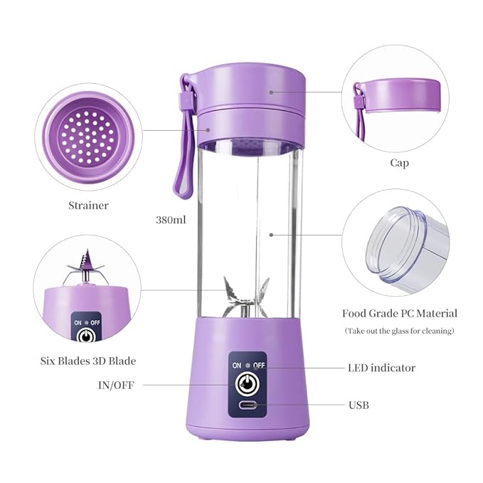 6 Blades Portable USB Rechargeable Juicer Bottle | Powerful Cordless Personal Blender for Smoothies, Shakes & Travel