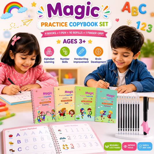 Magic Reuseable Handwriting Practice Copy Book for Kids (Pack of 4 Books+10 Refills+1 Pen+1 Grip)