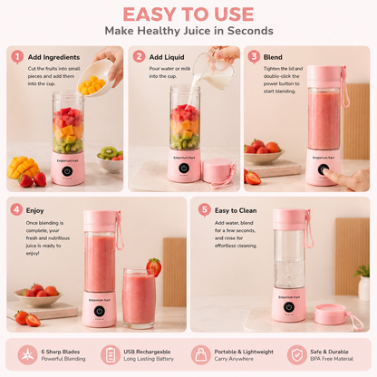 6 Blades Portable USB Rechargeable Juicer Bottle | Powerful Cordless Personal Blender for Smoothies, Shakes & Travel