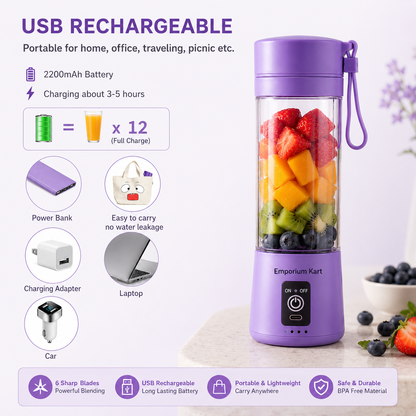 6 Blades Portable USB Rechargeable Juicer Bottle | Powerful Cordless Personal Blender for Smoothies, Shakes & Travel