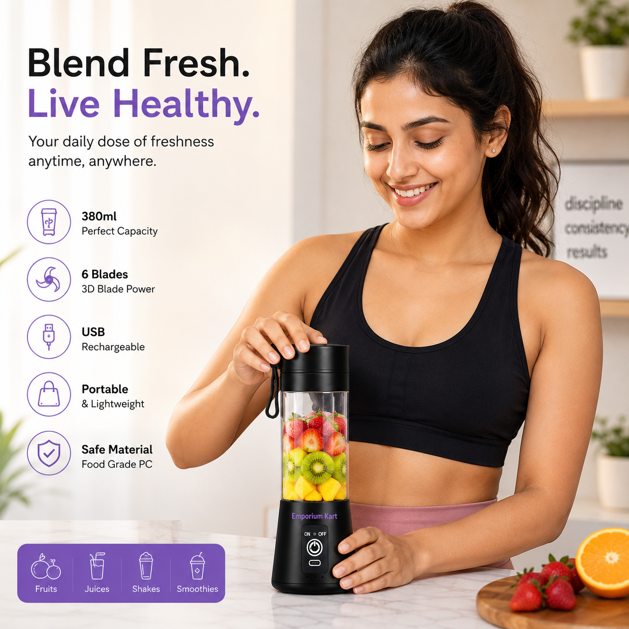 6 Blades Portable USB Rechargeable Juicer Bottle | Powerful Cordless Personal Blender for Smoothies, Shakes & Travel