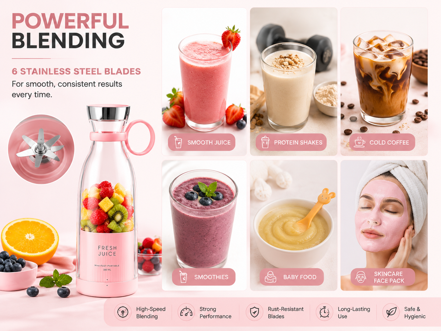 Premium Aesthetic Electric Cordless Portable Juicer | Healthy Smoothies in 20 seconds for GYM lovers, college students, Women & Men